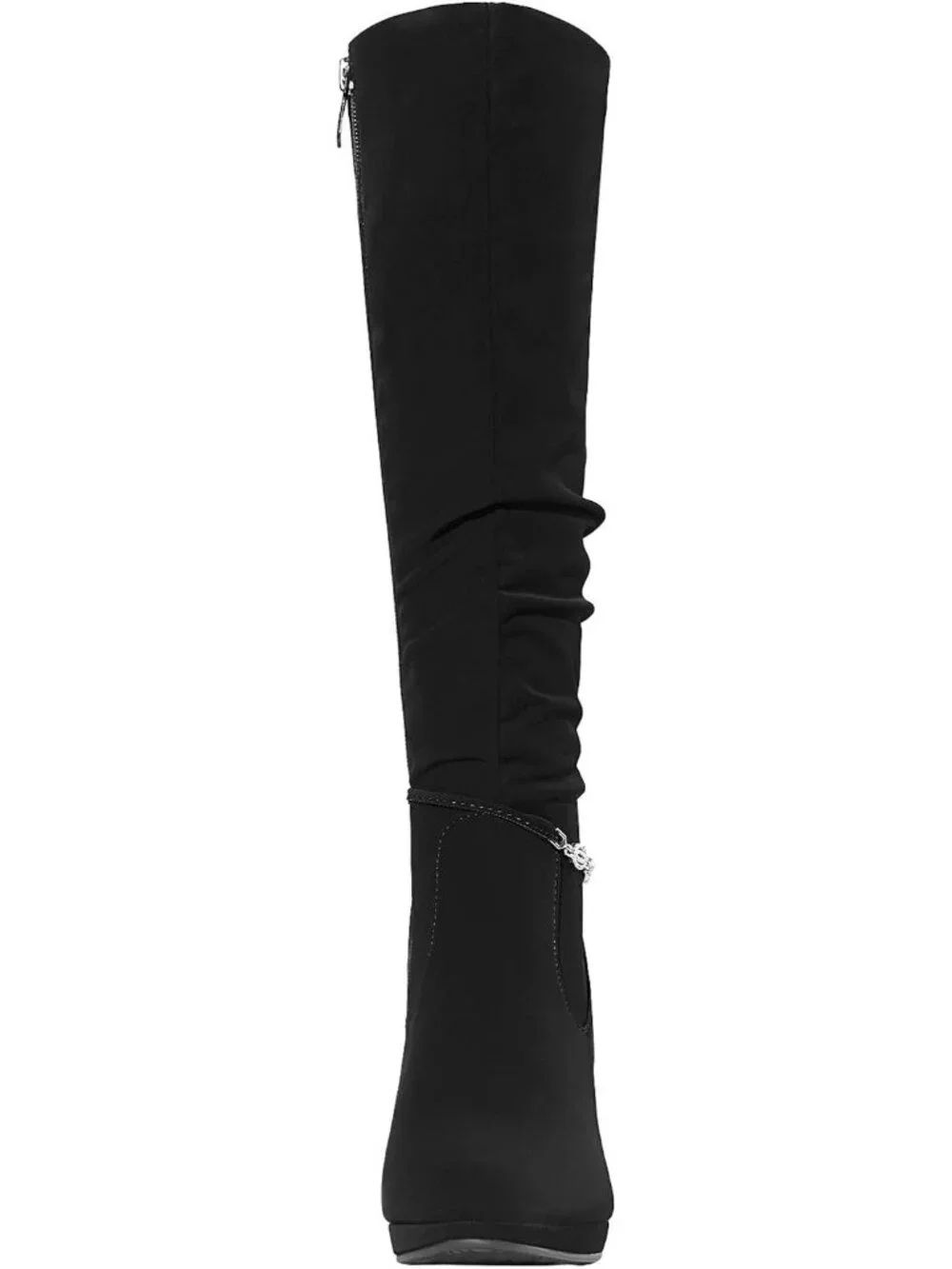 Women's Black Nubuck Stiletto Heel Rhinestone Chain Side Zipper Knee High Boots